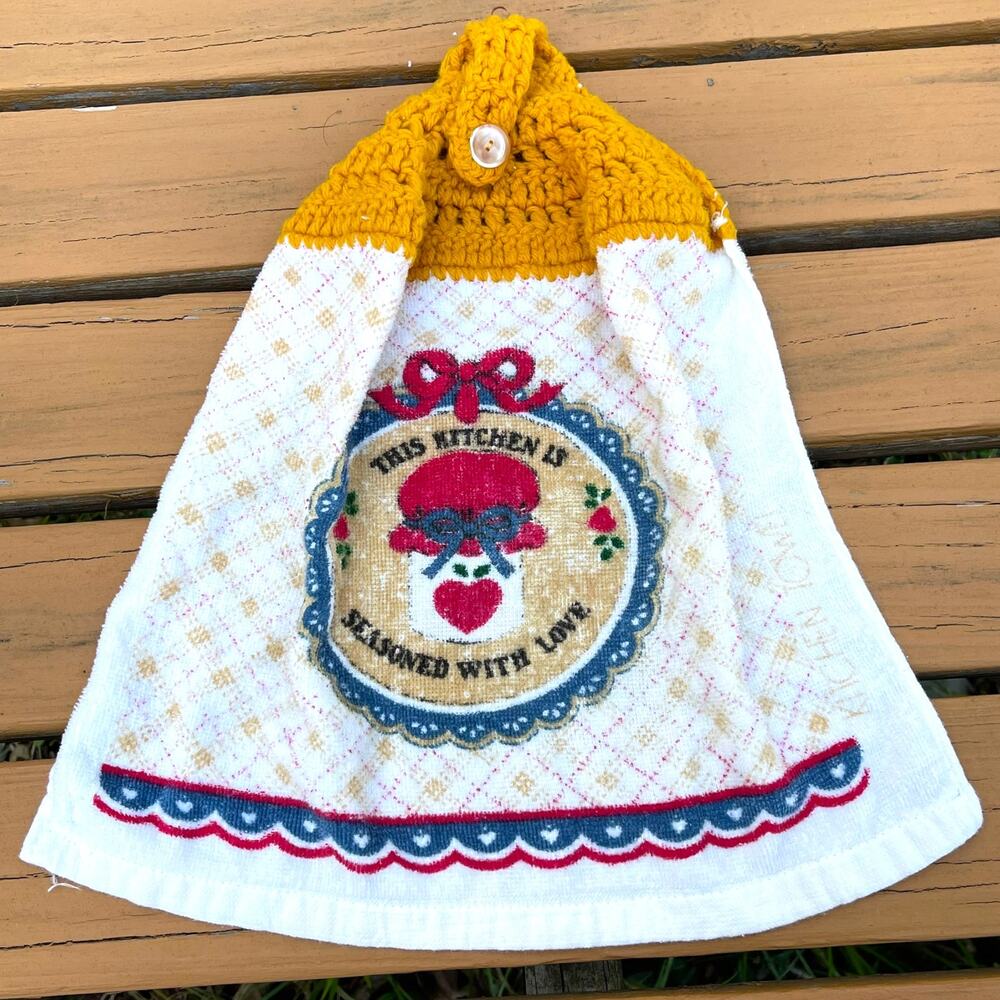Vintage Crochet Hanging Kitchen Towel This Kitchen Is Seasoned With Love Retro